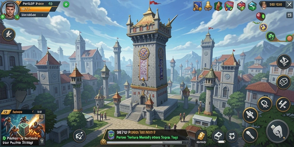Screenshot gameplay 987UP menampilkan strategi menara dalam pertempuran.