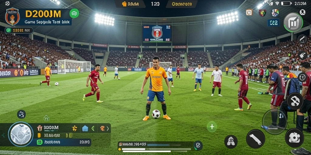 Screenshot gameplay D200M menunjukkan aksi seru di lapangan sepak bola.