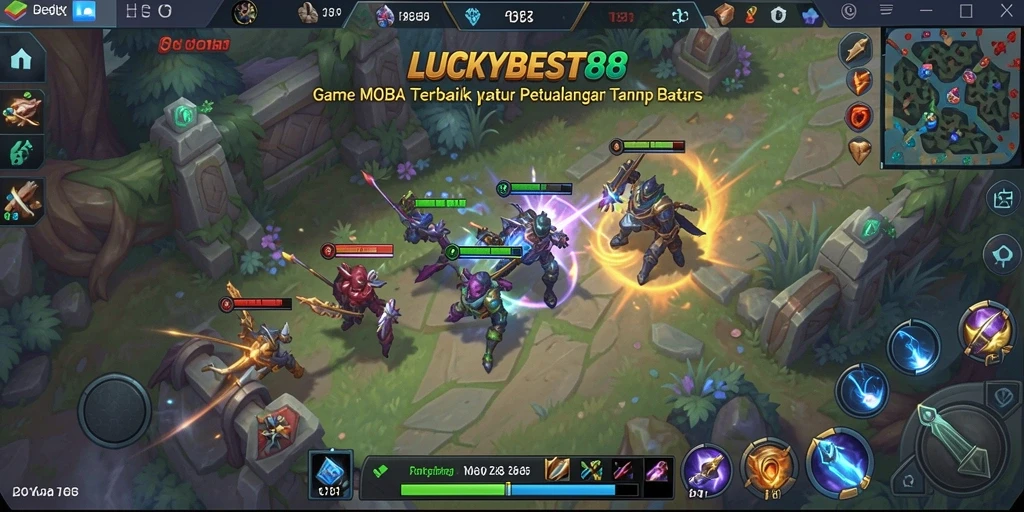 Screenshot utama LUCKYBEST88 menampilkan pertempuran epik di arena MOBA.