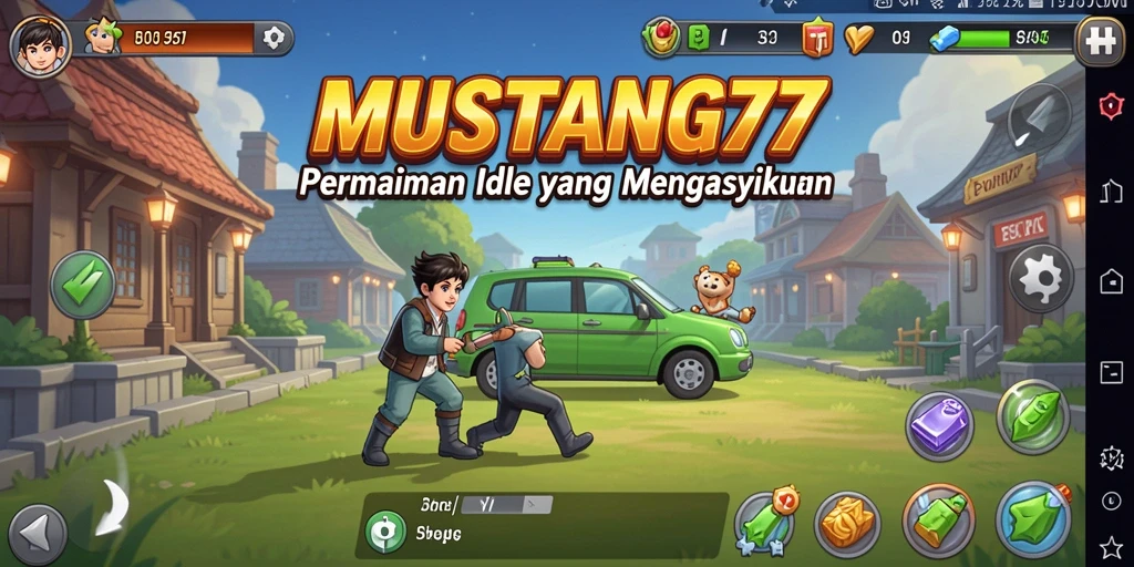 Tampilan utama gameplay MUSTANG77 dengan karakter unik dan sistem Idle yang menarik.